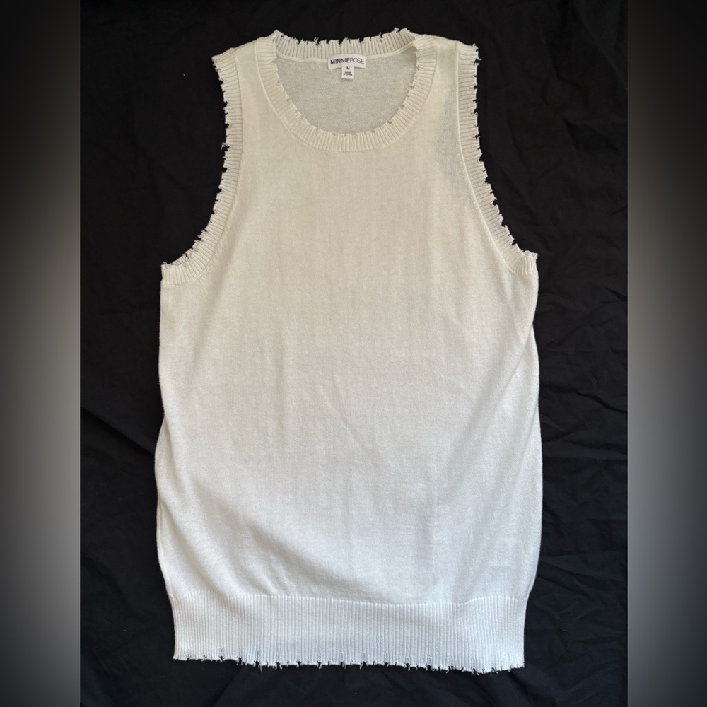 Minnie Rose Cotton Cashmere Frayed Tank Top White Sleeveless Sz M Knit Crew Neck